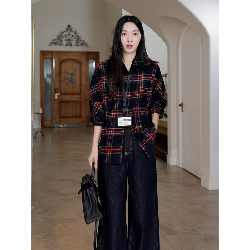 郭九九呢 100%棉慵懒风宽松休闲格子衬衫秋季百搭显瘦阔腿牛仔裤