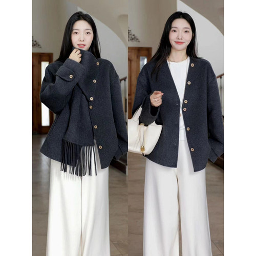 郭九九呢羊毛双面呢短外套两穿含羊毛围巾秋冬新款百搭加厚直筒裤