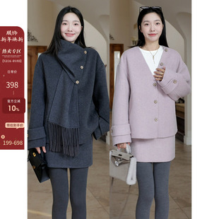 百搭外套高腰a字半裙 新款 郭九九呢 羊毛围巾可拆卸双面呢大衣冬季