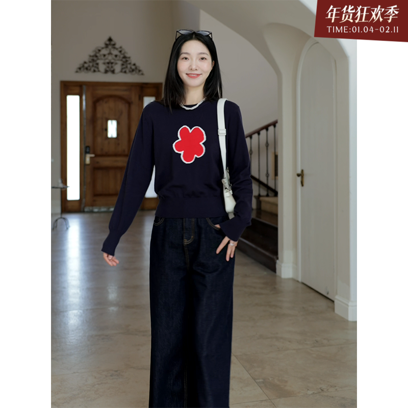 郭九九呢 简约撞色感显瘦花朵针织衫毛衣秋冬上衣百搭阔腿牛仔裤,女装/女士精品,时尚套装,淘宝优惠券,粉丝福利购,淘宝优惠卷