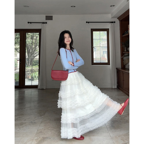 郭九九呢 羊毛桑蚕丝撞色甜美针织开衫蛋糕蓬蓬半身裙重工半裙