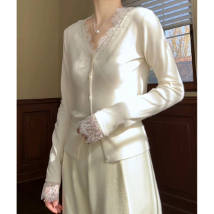 桑蚕丝羊毛混纺直筒裤 郭九九呢法式 温柔蕾丝拼接针织打底毛衣毛衫