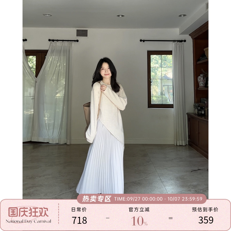 郭九九呢气质不规则设计感假两件宽松显瘦拼接压褶连衣裙秋季长裙
