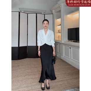 鱼尾裙半裙 女高腰显瘦西装 郭九九呢 气质V领扭结设计感小众白衬衫