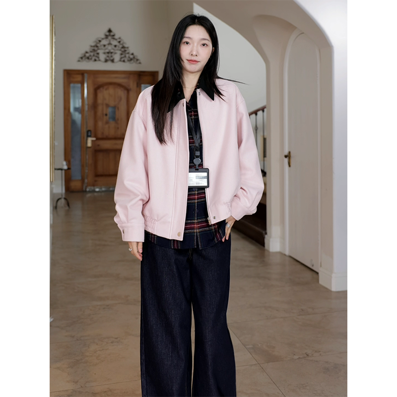 郭九九呢 复古撞色拼接翻领粉色夹克外套秋季百搭上衣阔腿牛仔裤