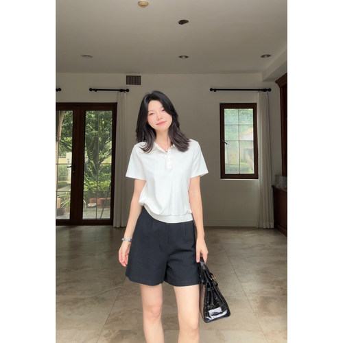 郭九九呢 亚麻棉肌理感显瘦百搭短裤女夏季休闲百搭Polo衫上衣t恤