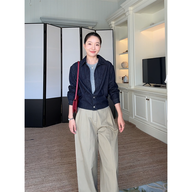 郭九九呢 棉质简约圆领牛仔衬衫外套秋季上衣休闲直筒阔腿长裤