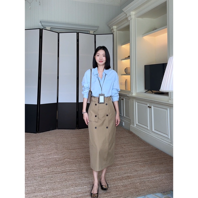 郭九九呢 法式通勤减龄漂亮长袖衬衫女上衣工装A字半身裙套装裙