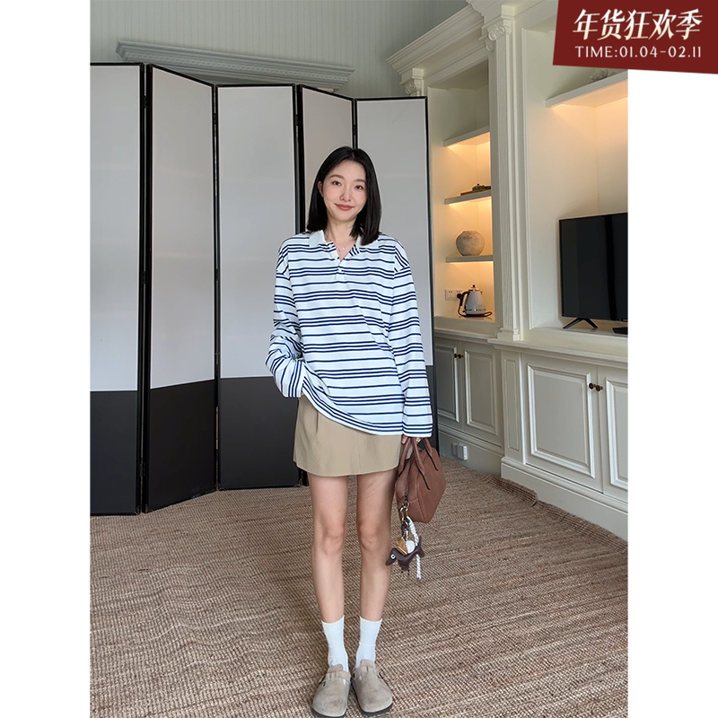 郭九九呢 棉休闲POLO领宽松条纹长袖t恤秋季新款上衣百搭简约裙裤,女装/女士精品,时尚套装,淘宝优惠券,粉丝福利购,淘宝优惠卷