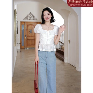 百搭显瘦九分牛仔裤 上衣短袖 100%棉少女感格子泡泡袖 郭九九呢