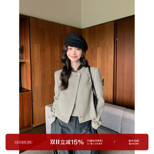 郭九九呢【威尔士亲王格】秋季立领休闲格纹西装外套女方领马甲