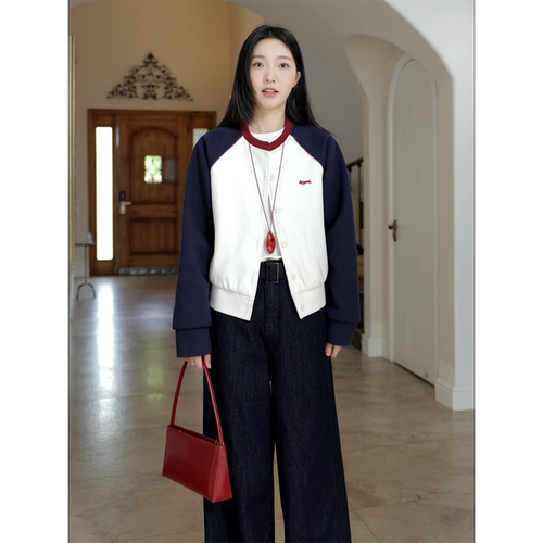 郭九九呢复古撞色绣花插肩袖棉服毛呢外套秋季百搭显瘦弯刀牛仔裤