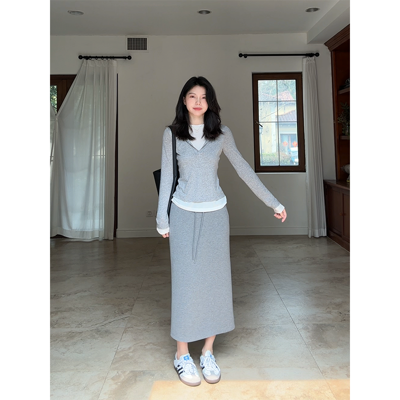 郭九九呢 羊毛天丝休闲假两件连帽长袖T恤百搭显瘦抽绳半身裙