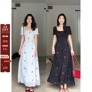 【【年终清仓 售完不补】】甜美碎花刺绣收腰抽绳方领连衣裙长裙