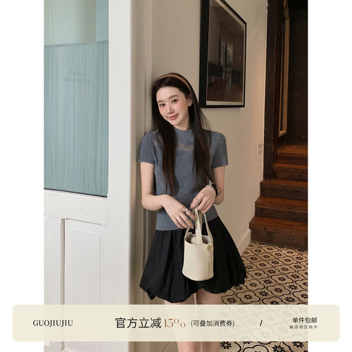 郭九九呢miu里miu气羊毛短袖针织打底衫花苞褶皱半身裙女夏套装裙