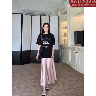 缎面粉半身裙 t恤百搭上衣夏季 郭九九呢 天丝棉质字母印花宽松短袖