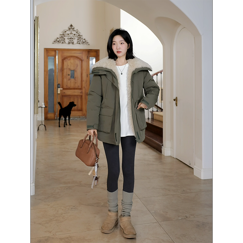 郭九九呢毛毛外套冬季保暖防风派克服百搭大翻领宽松显瘦上衣