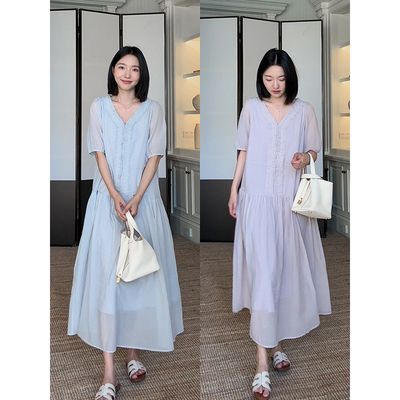 郭九九呢 棉法式优雅荷叶边v领宽松显瘦短袖连衣裙夏季新款长裙