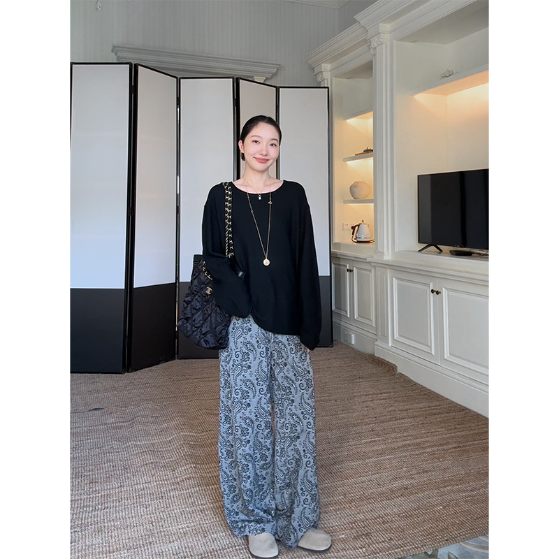 郭九九呢 桑蚕丝羊毛圆领宽松针织衫秋季百搭上衣腰果花直筒长裤