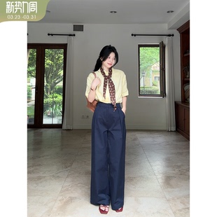 新款 夏季 上衣 含丝巾 郭九九呢 高腰阔腿长裤 100%亚麻老钱风衬衫