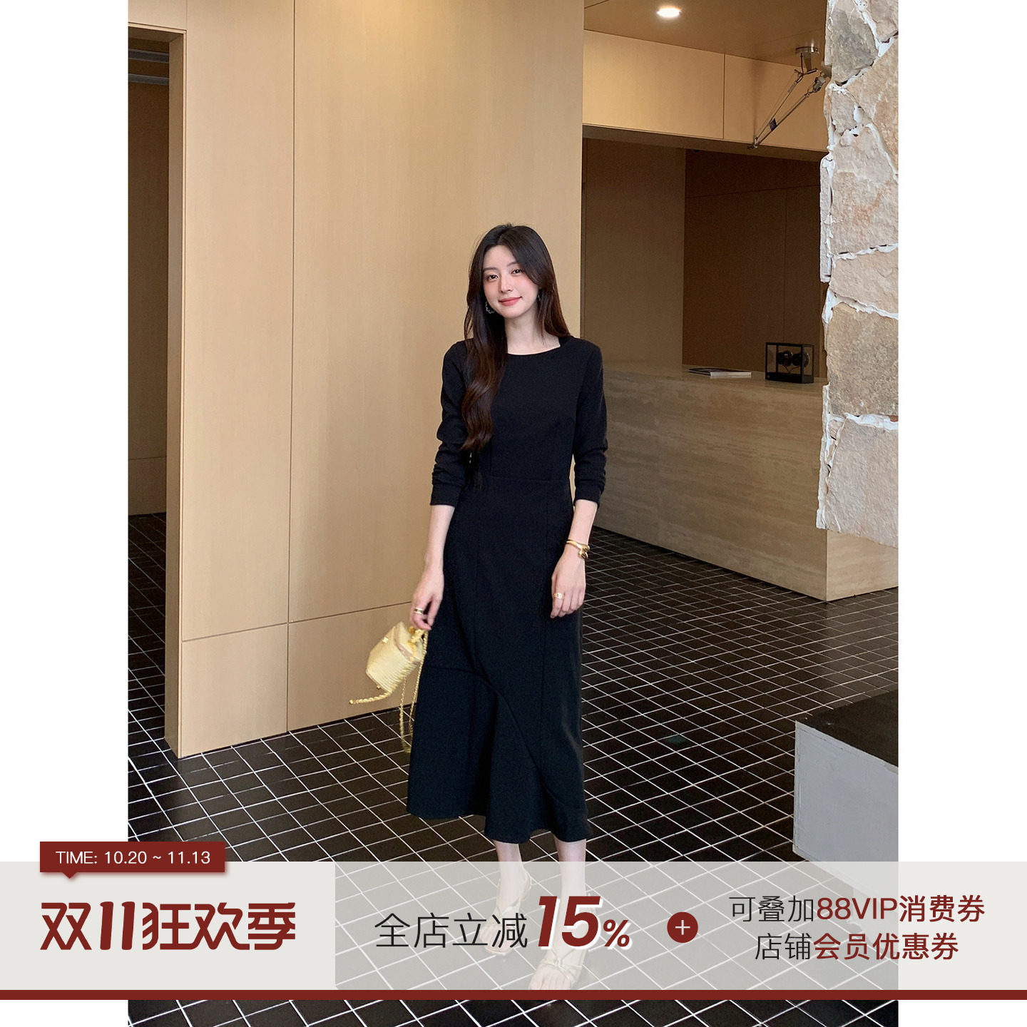 郭九九呢法式通勤收腰显瘦长袖连衣裙女早秋26新款鱼尾长裙小黑裙