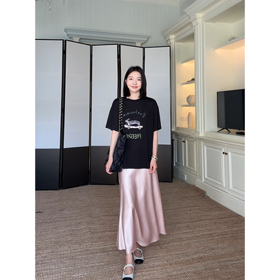 郭九九呢 天丝棉质字母印花宽松短袖t恤百搭上衣夏季缎面粉半身裙