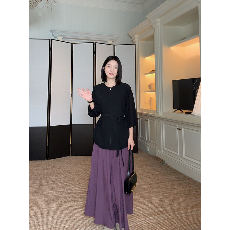 郭九九呢亚麻慵懒禅意风新中式衬衫夏季百搭上衣宽松显瘦阔腿裤裙