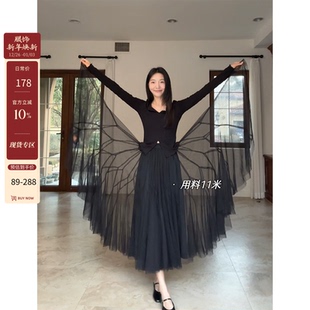 网纱裙 V领国风弹力上衣春蝴蝶重工拼接飘逸显瘦长款 郭九九呢