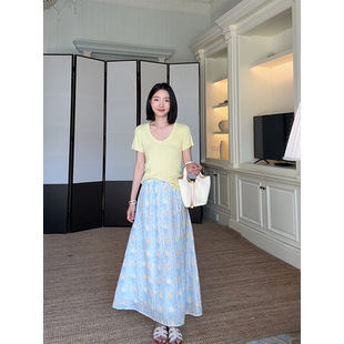 t恤夏季 郭九九呢天丝花朵绣花飘逸半身裙u领显瘦针织短袖 百搭上衣