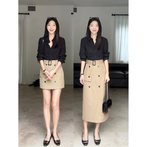郭九九呢 卡其色工装A字半裙含腰带百搭显瘦黑衬衫女