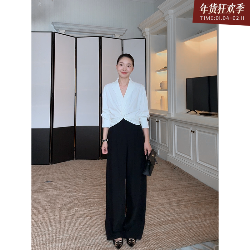 郭九九呢 气质V领扭结设计感小众长袖衬衫百搭高腰显瘦西装直筒裤,女装/女士精品,时尚套装,淘宝优惠券,粉丝福利购,淘宝优惠卷