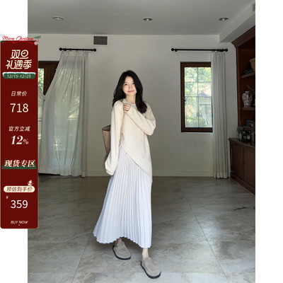 郭九九呢气质不规则设计感假两件宽松显瘦拼接压褶连衣裙秋季长裙