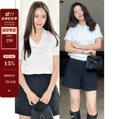 郭九九呢 亚麻棉肌理感显瘦百搭短裤女夏季休闲百搭Polo衫上衣t恤