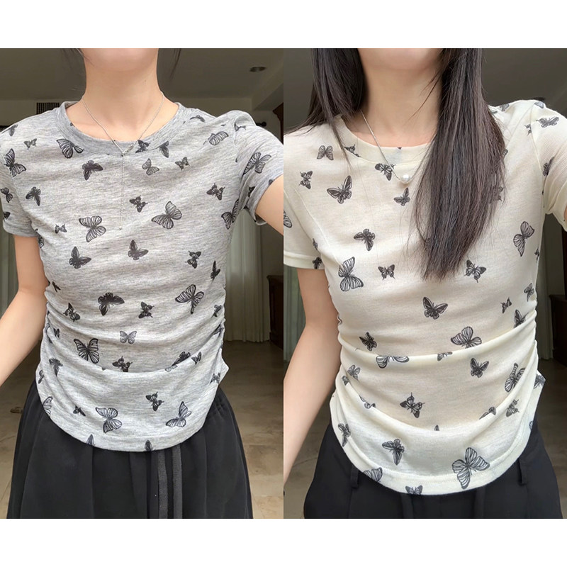 郭九九呢 甜辣蝴蝶印花抽褶显瘦短袖T恤夏季新款百搭拖地裤长裤女,女装/女士精品,时尚套装,淘宝优惠券,粉丝福利购,淘宝优惠卷