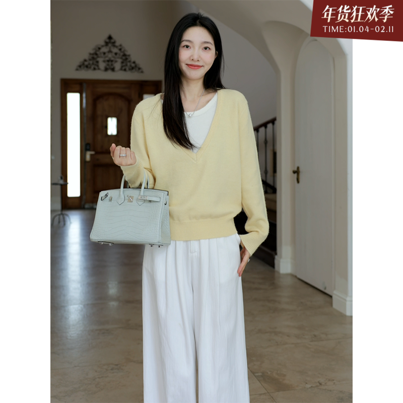 郭九九呢 棉温柔风简约假两件撞色宽松毛衣简约上衣秋牛仔阔腿裤,女装/女士精品,时尚套装,淘宝优惠券,粉丝福利购,淘宝优惠卷