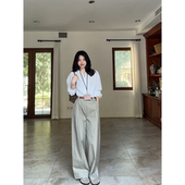 百搭上衣休闲直筒阔腿长裤 郭九九呢 秋季 衬衫 100%棉V领简约长袖