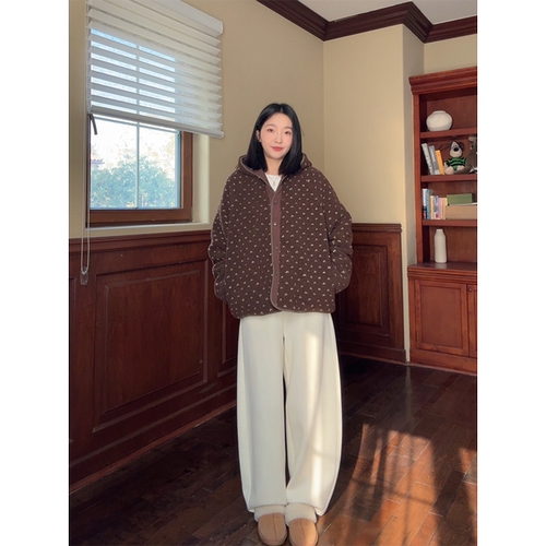 郭九九呢 韩系波点宽松毛毛夹棉连帽外套加绒弯刀裤 G925H19460