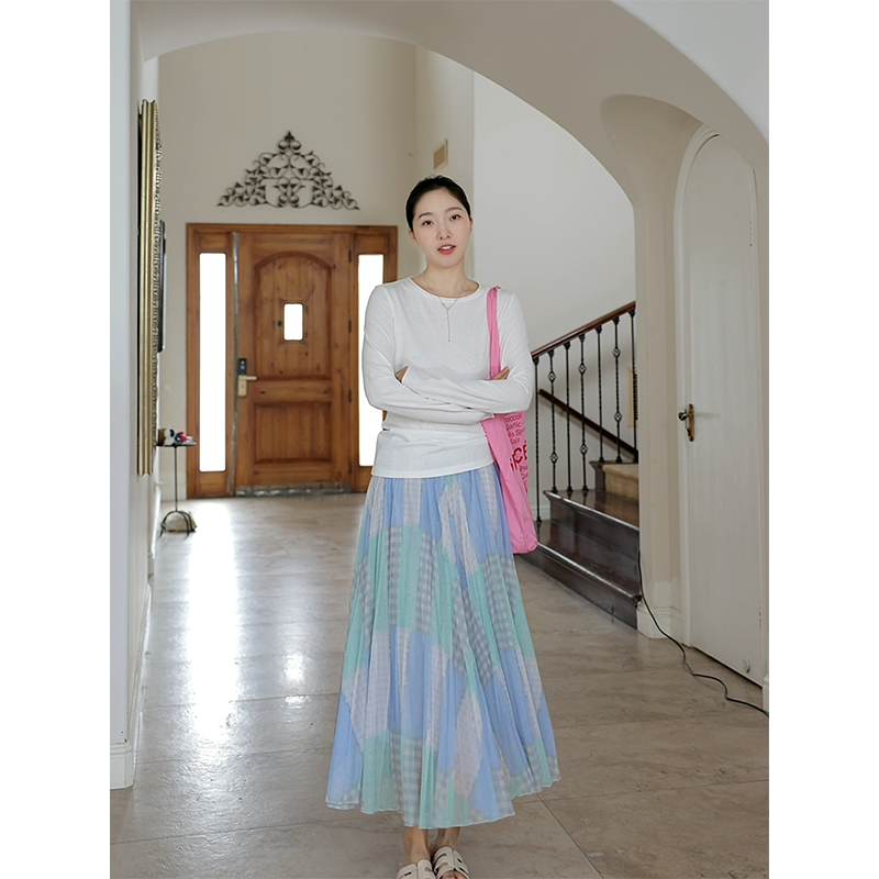 郭九九呢 气质飘逸花色压褶显瘦半身裙简约正肩长袖t恤通勤风夏季