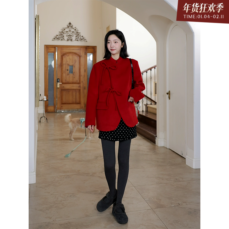 【年终清仓 售完不补】 羊毛蝴蝶结斜门襟红色毛呢外套冬季上衣高,女装/女士精品,时尚套装,淘宝优惠券,粉丝福利购,淘宝优惠卷