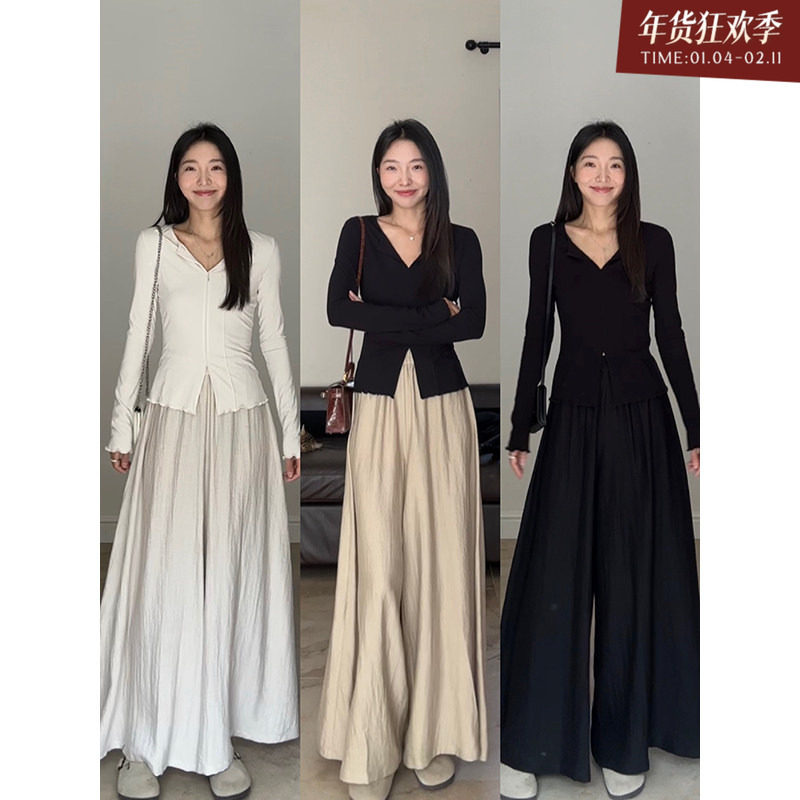 郭九九呢 国风V领显瘦设计感弹力上衣亚麻垂感显瘦松紧腰阔腿裤裙,女装/女士精品,时尚套装,淘宝优惠券,粉丝福利购,淘宝优惠卷