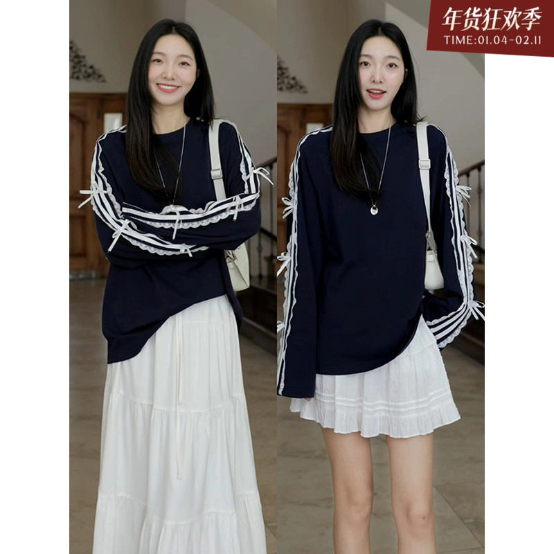 郭九九呢 芭蕾少女风蕾丝宽松百搭长袖T恤女秋季上衣蛋糕长短半裙,女装/女士精品,时尚套装,淘宝优惠券,粉丝福利购,淘宝优惠卷