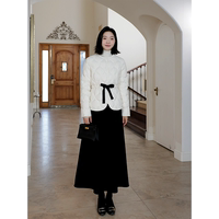 郭九九呢羽絨服90白鴨絨撞色蝴蝶結百搭外套女冬季高腰傘裙半身裙
