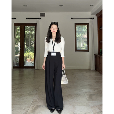 郭九九呢 法式气质显瘦7分袖衬衫上衣女夏季高腰百搭西装裤长裤