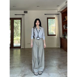 郭九九呢 100%棉简约休闲显瘦条纹衬衫早秋上衣直筒阔腿长裤女