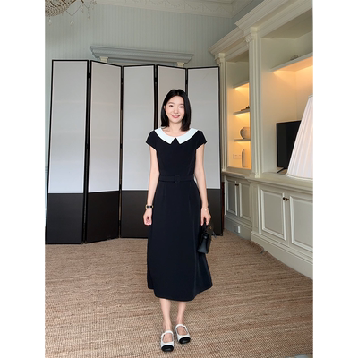 郭九九呢法式气质优雅撞色收腰显瘦连衣裙夏季减龄长裙（送腰带）