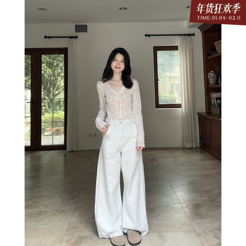 郭九九呢 法式复古V领网纱蕾丝长袖上衣女早秋肌理感提花阔腿裤,女装/女士精品,时尚套装,淘宝优惠券,粉丝福利购,淘宝优惠卷