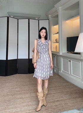 郭九九呢 气质设计感堆堆领宽松显瘦印花格子连衣裙夏季小众裙子