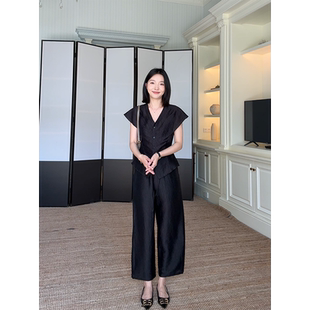 百搭高腰直筒褲 女 氣質通勤V領荷葉邊收腰顯瘦上衣夏季 郭九九呢