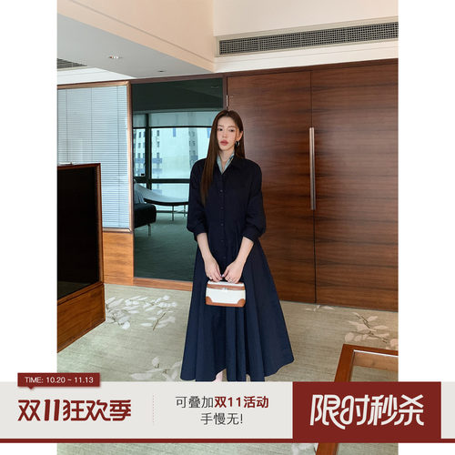郭九九呢【罗马假日】全棉赫本风七分袖显瘦衬衫连衣裙早秋长裙