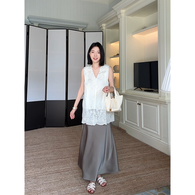 郭九九呢 天丝棉绣花前后两穿无袖上衣夏季气质长款鱼尾半身裙